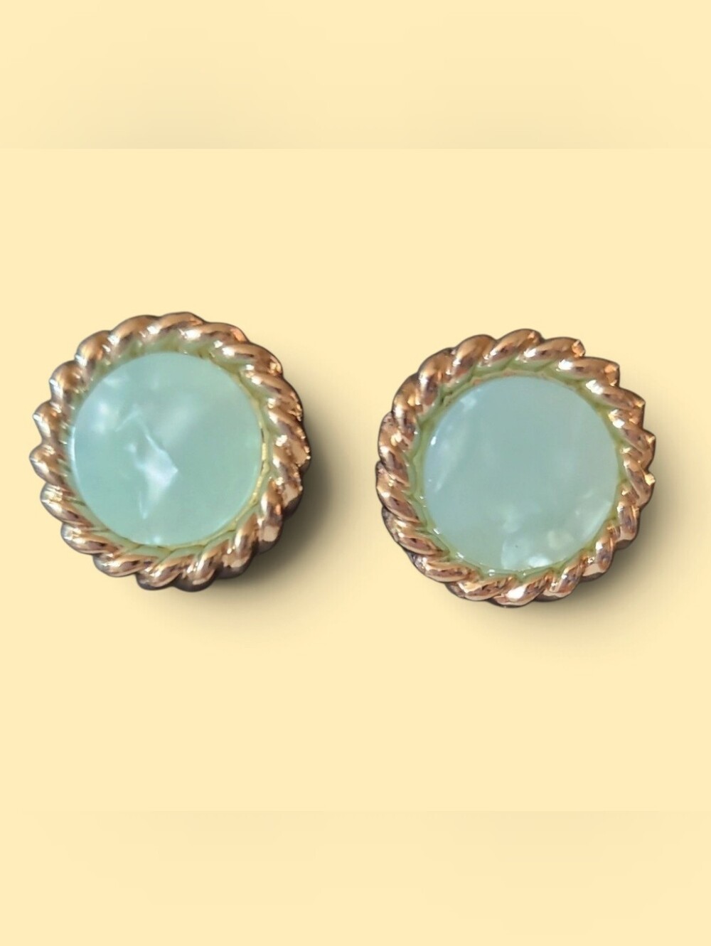 Monet Gold-Tone Rope Edge Mint Green Cabochon Stud Earrings